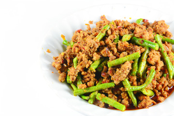 Fried chilli paste sauce with pork with cowpea  thai food ,isola