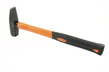 The hammer with orange and black rubber handle