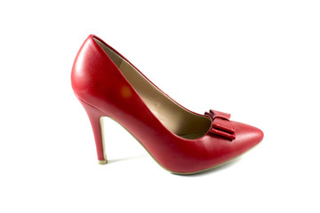 Red leather shoe with bow and high heel