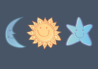 Sun, Moon and Star Icons Isolated on Dark Blue Background