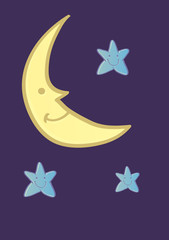 Fototapeta na wymiar Smiling Crescent Moon and Stars CArtoon on Midnight Blue