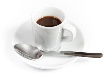 Cup of espresso with spoon isolated on white background