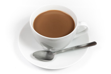 Cup of coffee with milk and spoon on white background