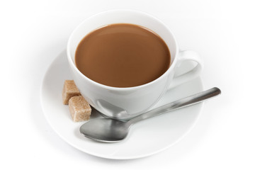 Cup of coffee with milk on white background