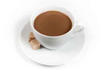 Cup of coffee with milk and sugar on white background