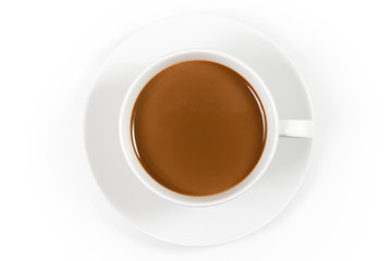 Cup of coffee with milk isolated on white background, top view