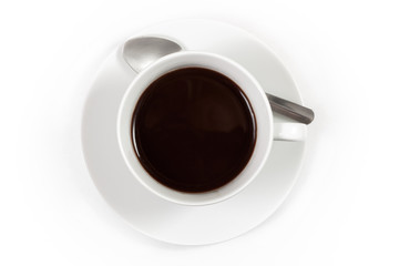 Cup of coffee with spoon isolated on white background, top view