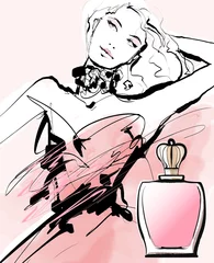 Poster Tekening van een vrouw die reclame maakt voor een parfum © Isaxar