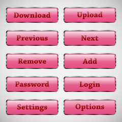 Set of glass rectangle pink web buttons with glossy reflections