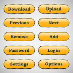 Set of glass yellow web buttons with glossy reflections