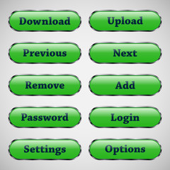 Set of glass green web buttons with glossy reflections