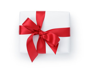 white gift box with ribbon bow from above