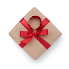 kraft paper gift box with ribbon bow from above