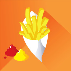 French fries, ketchup and mayonnaise. Long shadow