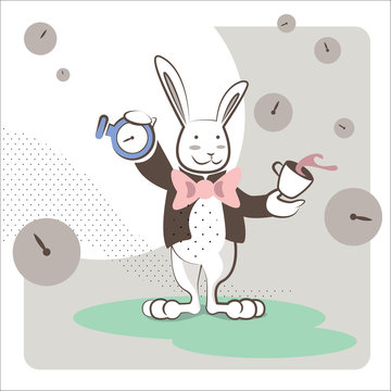 White Rabbit stands with a clock and a cup of tea