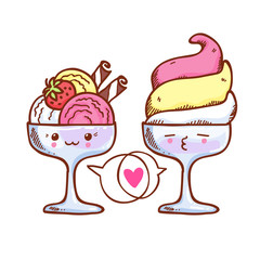 Funny illustration of two ice creams in love.