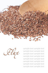 flax seeds with a wooden spoon on white background