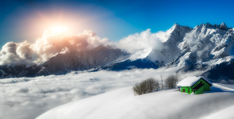 Panoramic landscape of hermitage isolated in the snow