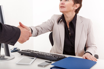 Businesswoman with briefcase man shakes the hand