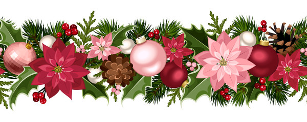 Christmas seamless garland with balls, holly and poinsettia.