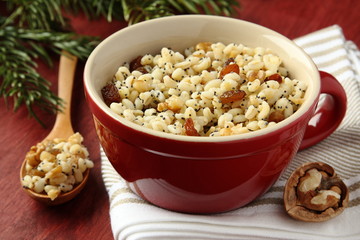 Pot with kutia – traditional Christmas sweet meal