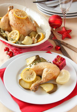 Roasted chicken with vegetables and christmas decoration