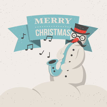 Merry Christmas greeting card with snowman and saxophone.
