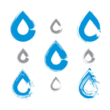 Set of hand-painted blue water drop icons isolated on white back