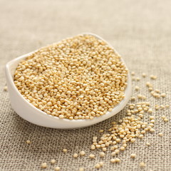 Quinoa grain in white ceramic bowl on sackcloth background