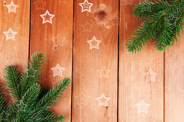 Green fir tree on wooden background