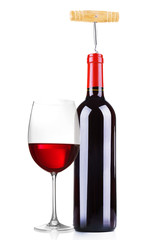 Bottle of great wine and glass isolated on white