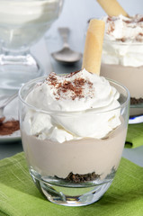 mocca cream dessert with whipped cream and cocoa powder