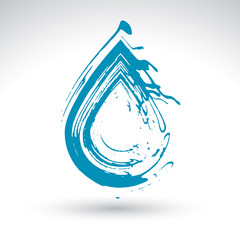 Hand painted blue water drop icon isolated on white background,