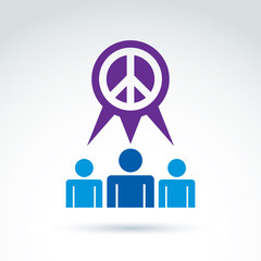 Round antiwar vector icon, speech bubble with no war symbol, glo