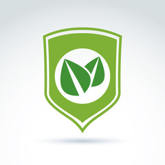 Green leaves life protection shield icon, vector conceptual styl