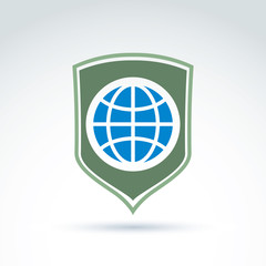 Earth globe with protection shield icon, vector conceptual styli