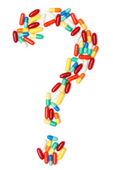 Question mark of pills, isolated. Healthcare concept