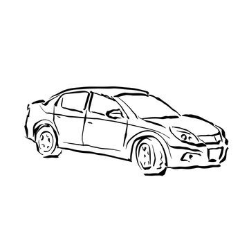 Monochrome hand drawn car on white background, black and white i