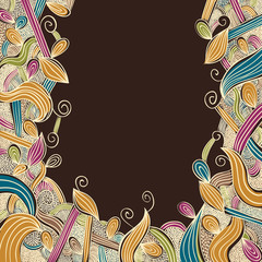 Floral bright hand drawn framing with curls on brown background,