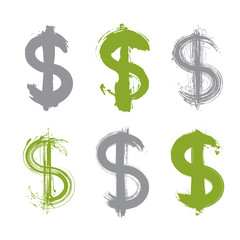 Set of hand-painted green dollar icons isolated on white backgro
