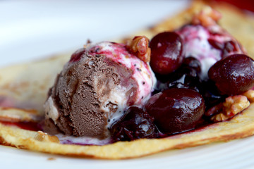 Chocolate Ice cream and Berry Jam on a Pancake