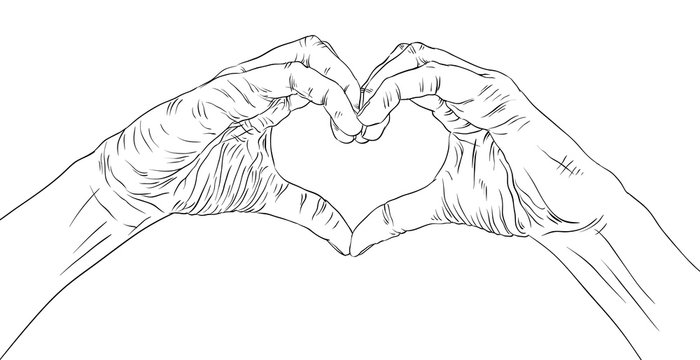Hands in heart form, detailed black and white lines vector illus