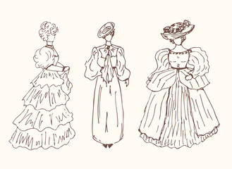 Sketchy vintage women silhouettes Retro collection