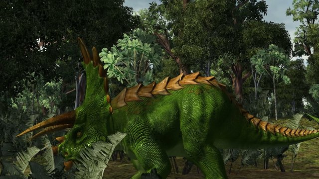Dinosaur Triceratops in a prehistoric scene - dolly shot