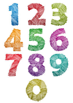Hand drawn and sketched color bold numbers set.