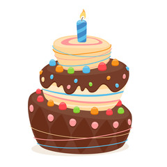 Birthday cake with candle and chocolate frosting.