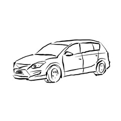 Black and white hand drawn car on white background, illustrated