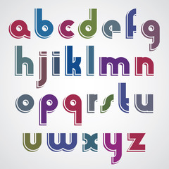 Colorful cartoon font, rounded lower case letters with white out