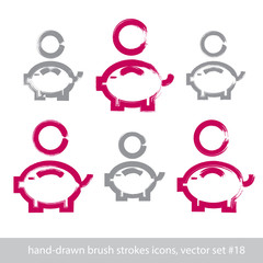 Set of hand-drawn pink piggybank icons, stroke brush drawing coi