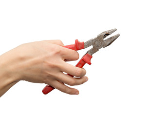 pliers in hand on white background